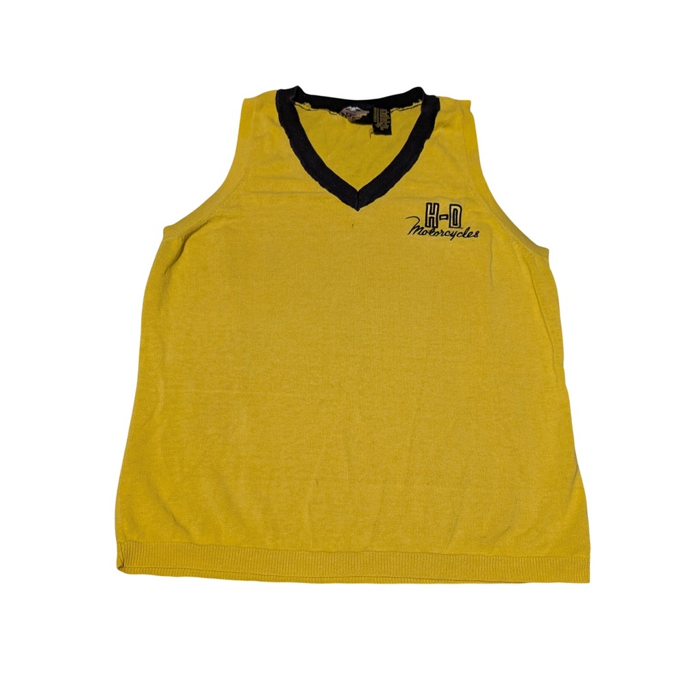 Harley Davidson Sweater Vest Womens XL Yellow V-Neck H-D Logo Knit Biker Retro